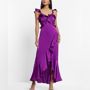 Express Women's Satin Ruffle Hi-Lo Maxi Dress